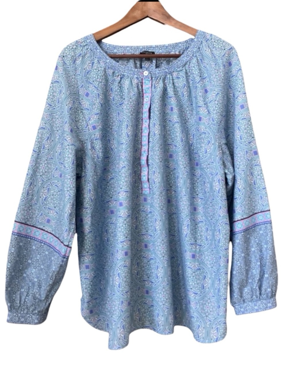 Talbots Cotton Blouse 2X Blue Geometric Popover Long Sleeve Button Plus Size